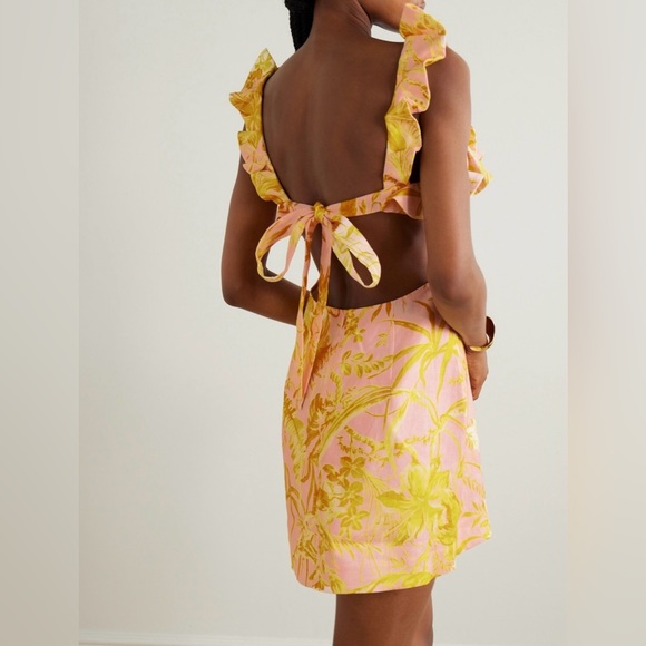 NWOT ZIMMERMANN Golden bow open-back ruffled floral linen mini dress - Picture 2 of 4